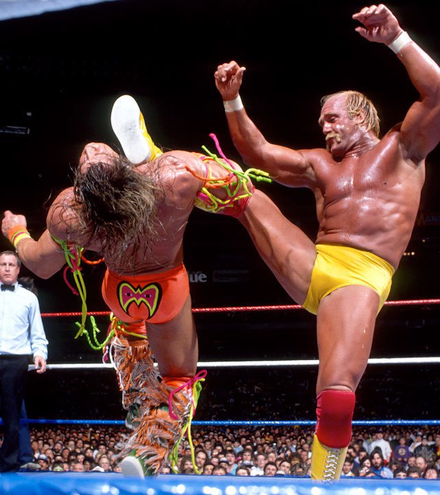 WWFWrestling1's tweet image. On this day in 1990: Ultimate Warrior defeated Hulk Hogan to claim the WWF World Championship title at WrestleMania VI. This place has gone strictly bananas! #WWF #WWE #WrestleMania #HulkHogan #UltimateWarrior