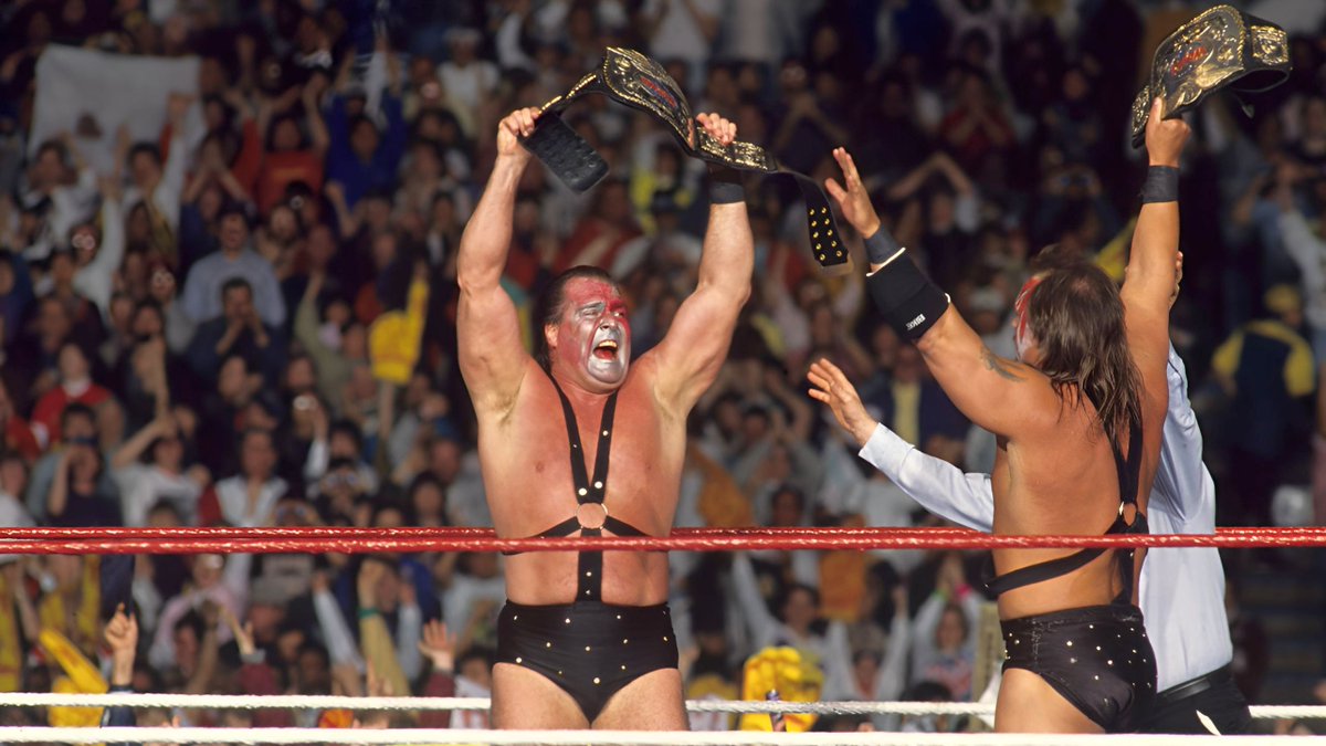 WWFWrestling1's tweet image. On this day in 1990: Demolition threepeated! Defeating the Colossal Connection to reclaim the WWF tag team titles at WrestleMania VI. #WWF #WWE #WrestleMania #BobbyHeenan #Haku #AndretheGiant #Demolition
