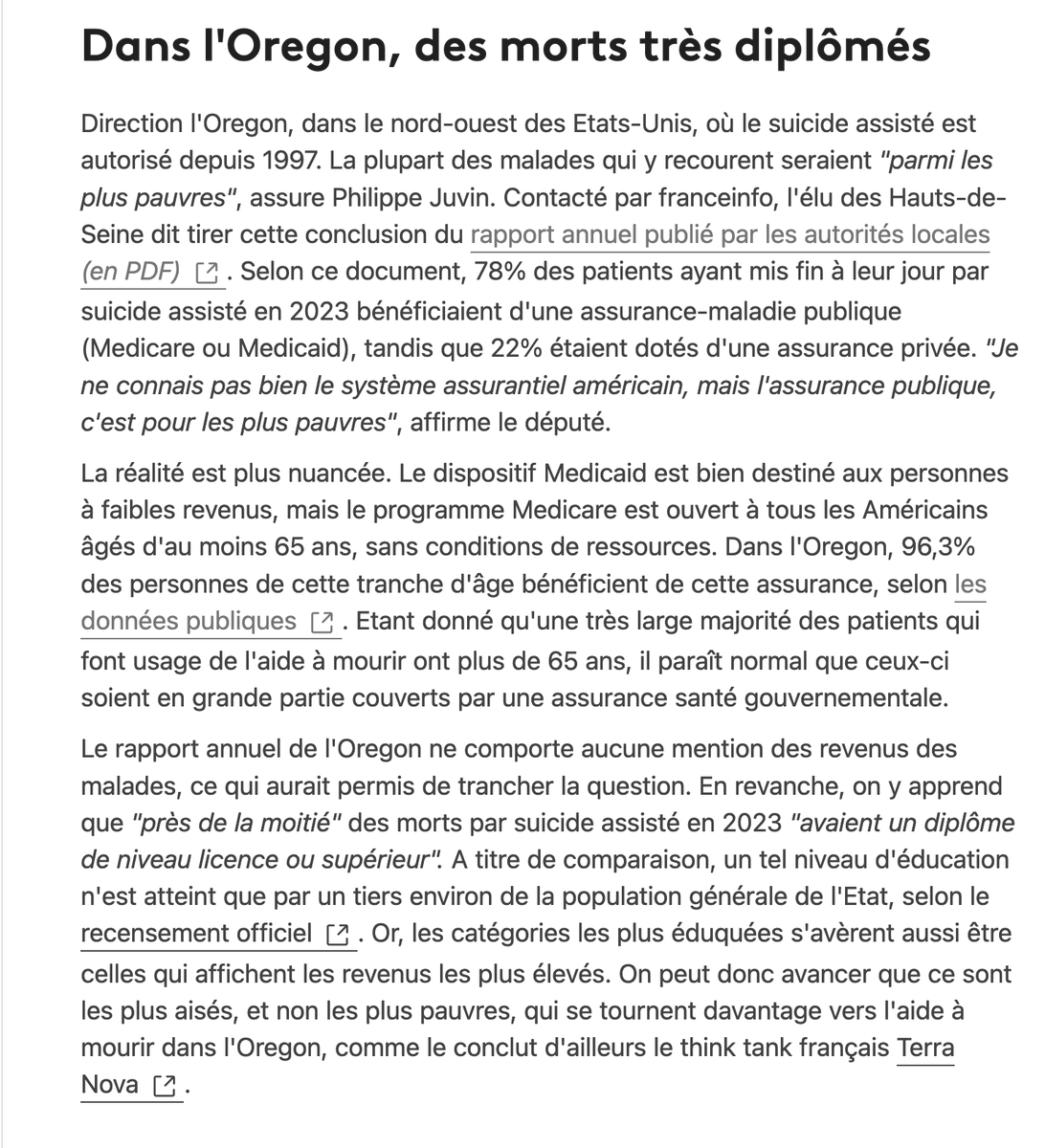 Enquête de <a href="/franceinfo/">franceinfo</a> qui démontre que "L'argument selon lequel les plus modestes sont surreprésentés parmi les morts par suicide assisté ou par euthanasie est balayé par diverses études internationales, qui tendent même à démontrer l'inverse."
Lien : francetvinfo.fr/societe/euthan…