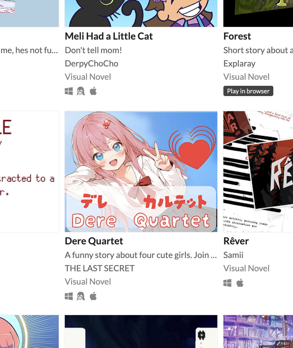 Dere Quartet is now on itch.io and already in the "New&amp;Popular" visual novel list... Now you can get the game without any DRM: thelastsecret.itch.io/dere-quartet
#visualnovel #gaming #anime #tsundere #yandere #itch
