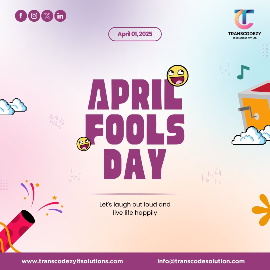 Transcodezy_IT's tweet image. April Fools’ Day: Let the Pranks Begin! 🎉😄

Get ready for some harmless fun today! Share your best pranks with us—let’s keep the laughs rolling! 🤡

What’s your best prank this year? Share it with us! 🕺💥

#AprilFoolsDay #LaughsAndPranks #FunAndJoy #TechWithFun
