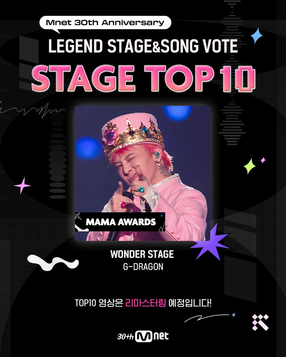MnetKR's tweet photo. [#Mnet30th] LEGEND STAGE 투표 결과 공개

여러분의 투표로 선정된 LEGEND STAGE TOP 10을 공개합니다 ✨

🏆LEGEND STAGE TOP 3
1. [MAMA AWARDS] WONDER STAGE - G-DRAGON
2. [MAMA AWARDS] 불타오르네 - 방탄소년단 
3. [M COUNTDOWN] 작은 것들을 위한 시 - 방탄소년단

TOP 4 ~ 10은 Mnet 공식 인스타그램에서 확인하세요!
🔗https://t.co/zEOHVBlGCt

K-POP GENERATION Mnet

#KPOPGENERATION #엠넷30주년 #Anniverthirty #YOUR_ULTIMATE_TRACK_TO_KPOP #엠넷 #Mnet