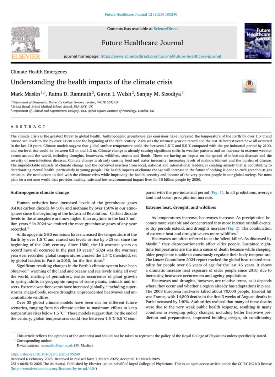 Understanding the health impacts of climate change 

#climatechange effects include sea level rise, extreme weather events, food and water shortages and infectious diseases

 New summary in the <a href="/FutureHealthJ/">FHJ</a> with colleagues from <a href="/ucl/">UCL</a> and <a href="/BristolUni/">University of Bristol</a> 

sciencedirect.com/science/articl…