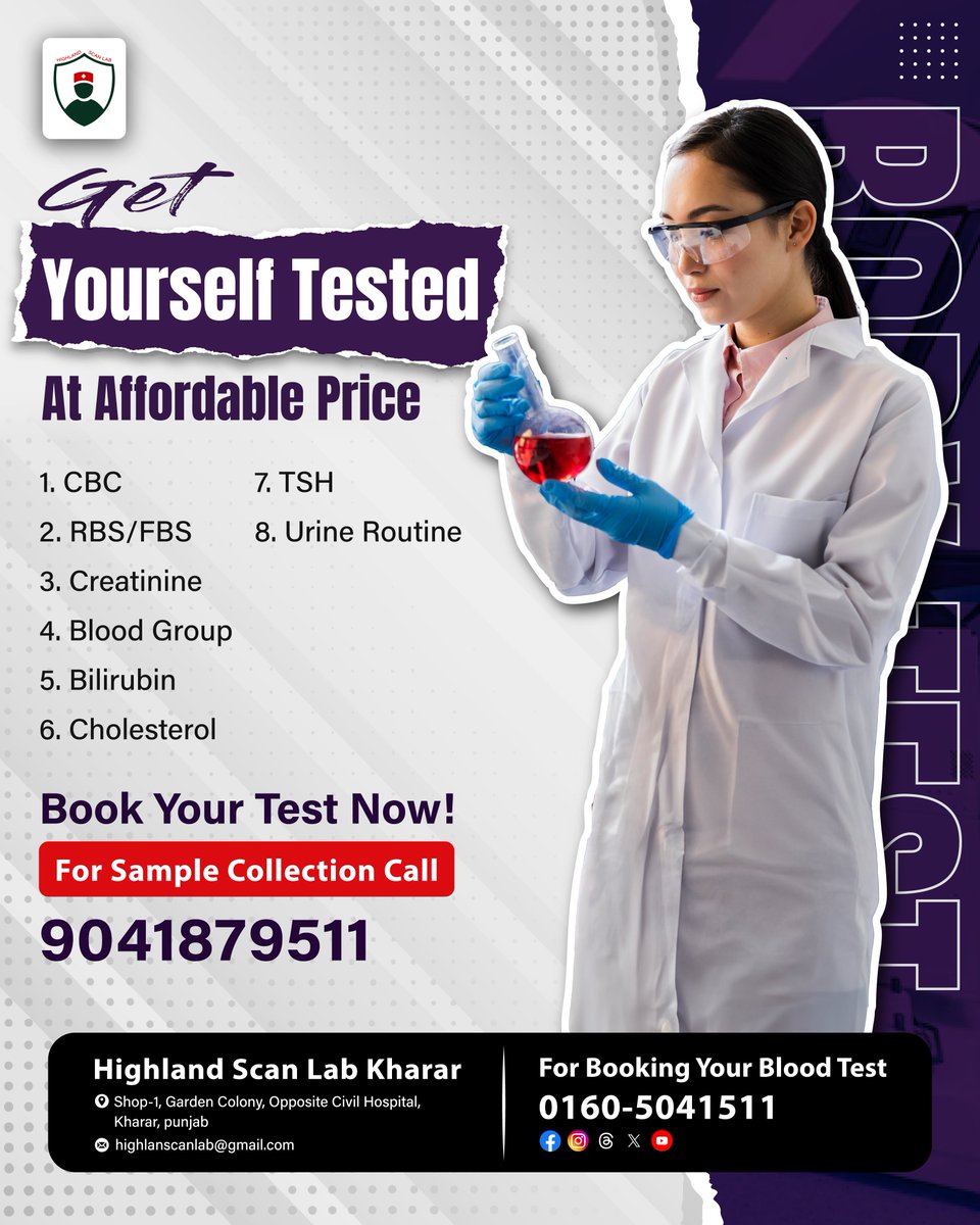 HighlandScanLab's tweet photo. Your health is priceless, but testing shouldn't cost a fortune! At #HighlandScanLab, we offer reliable #DiagnosticTests at prices that won't break the bank. Take charge of your health today—because prevention is better than cure!
.
#AffordableHealthcare #DrJatinderSingh #Kharar https://t.co/z6i9rHOi99