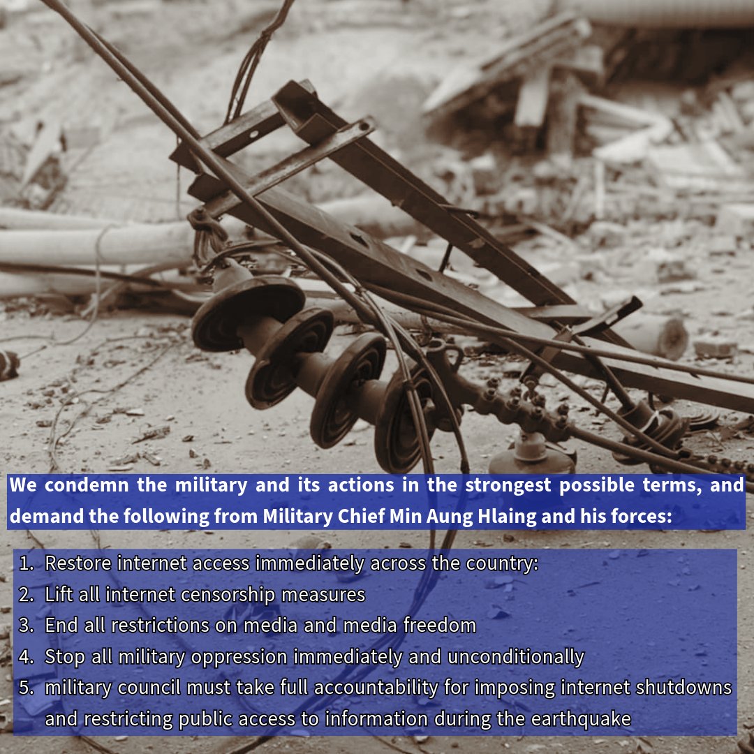 "Joint statement: Myanmar must lift internet restrictions following devastating earthquake"

After 48 hrs earthquake, Myanmar military has still not lifted its internet shutdown orders and various internet restrictions-
More &gt;&gt; tinyurl.com/yc2ncmt5
#MyanmarEarthquake  #Myanmar