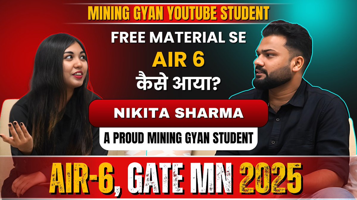 MiningGyan's tweet photo. "Meet Nikita Sharma, AIR 6 in GATE Mining 2025! She credits her success to Mining Gyan's free content and All India Mock Tests. Watch this inspiring video to discover her strategies and tips that helped her achieve a top rank!
Link:- https://t.co/WL7HfCPwlM https://t.co/isZuzgbADg