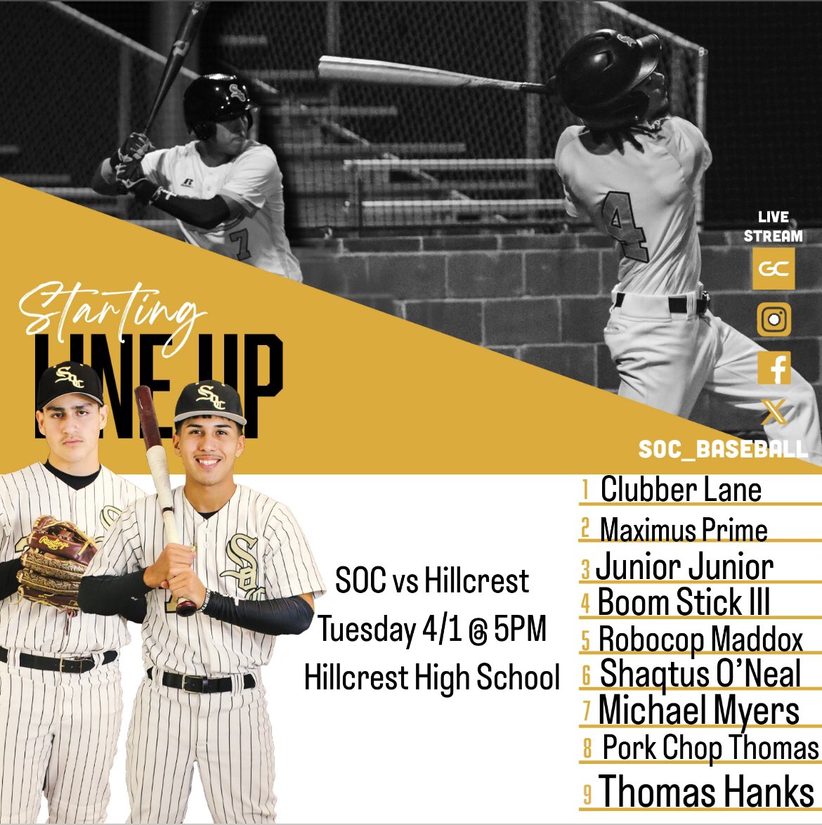 Tuesday 4/1 @ 5PM will be the first of two district matchups this week between your South Oak Cliff Golden Bears vs Hillcrest Panthers 

Location: Hillcrest High School 

Look forward to seeing you there.