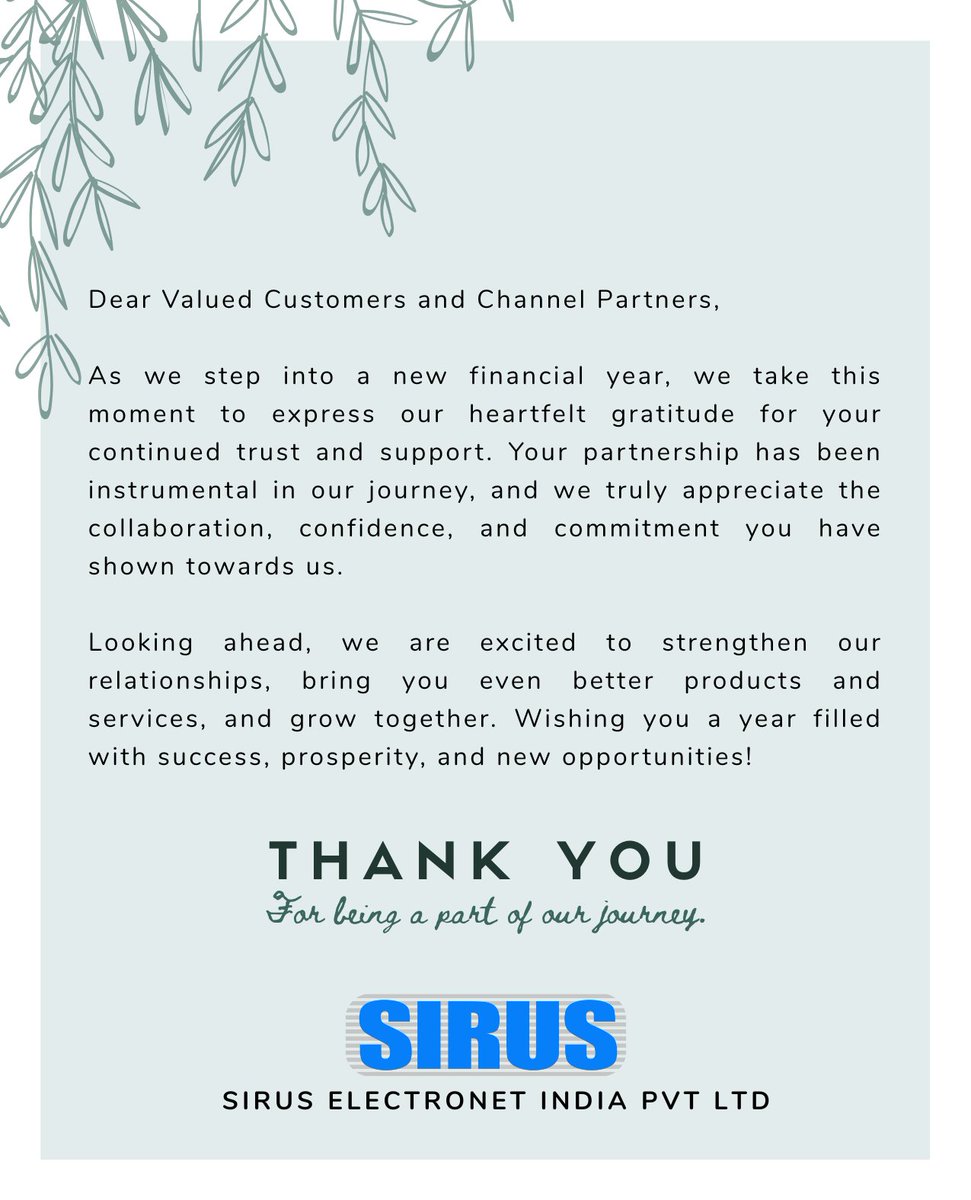 Siruselectronet's tweet image. Cheers to FY 25-26! 🚀

Thank you for your trust &amp;amp; support in FY 24-25. Let’s grow together in the new financial year! 💡💼

#ThankYou #NewFinancialYear #FY2425 #FY2526 #Gratitude #BusinessGrowth #TogetherWeGrow #sirus #siruselectronet