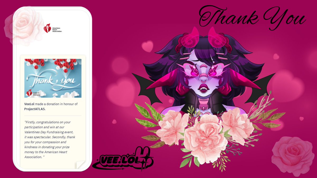 ‧₊˚⋆  After proceeding to win our Hearts 4 Hearts Charity Event last month, @projectatla5 chose to generously donate their prize money to the American Heart Association ‧₊˚⋆

We’d just like to say a big Thank You! and take a moment to honor the kindness shown by our #vtuber