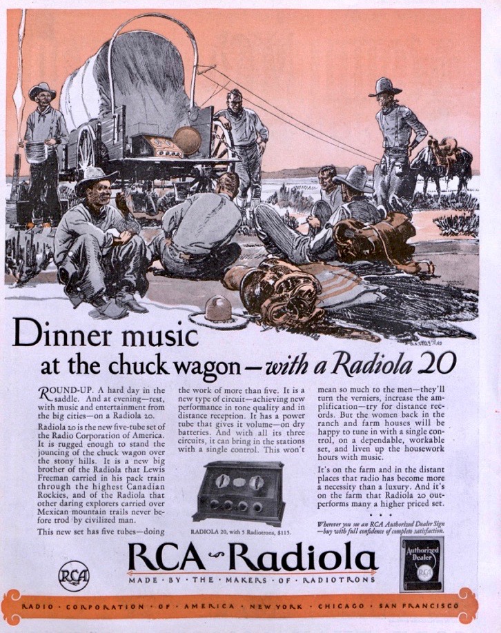 LRonLacy's tweet photo. ‘Round-up. A hard day in the saddle. And at evening – rest with music and entertainment from the big cities – on a Radiola 20. ...’
#RCA - Radiola. *The Saturday Evening Post*, April 1, 1926
#illustration #illustrationart #illustrationartists #cowboys #chuckwagon #radio #Radiola https://t.co/A3tZnV9u6s