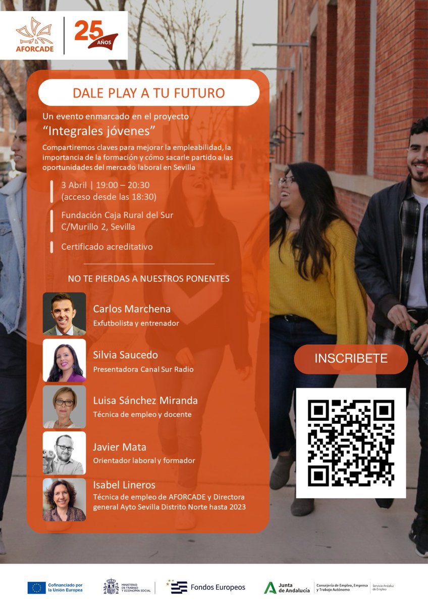 orientacion_csr's tweet photo. ¡No te pierdas la jornada gratuita de @Asoc_AFORCADE
sobre #empleo  #DalePlayatuFuturo! Con @SaucedoSilv
@formadoraocup 
Javier Mata, Isabel Lineros y Carlos Marchena 

📅 03/04
⏰️ 19h.
📌 #Sevilla

Inscripciones:

https://t.co/Ekg1Gbe6MP…

#OrientaciónLaboral #SilviaTeOrienta https://t.co/qs0sU7CKDX