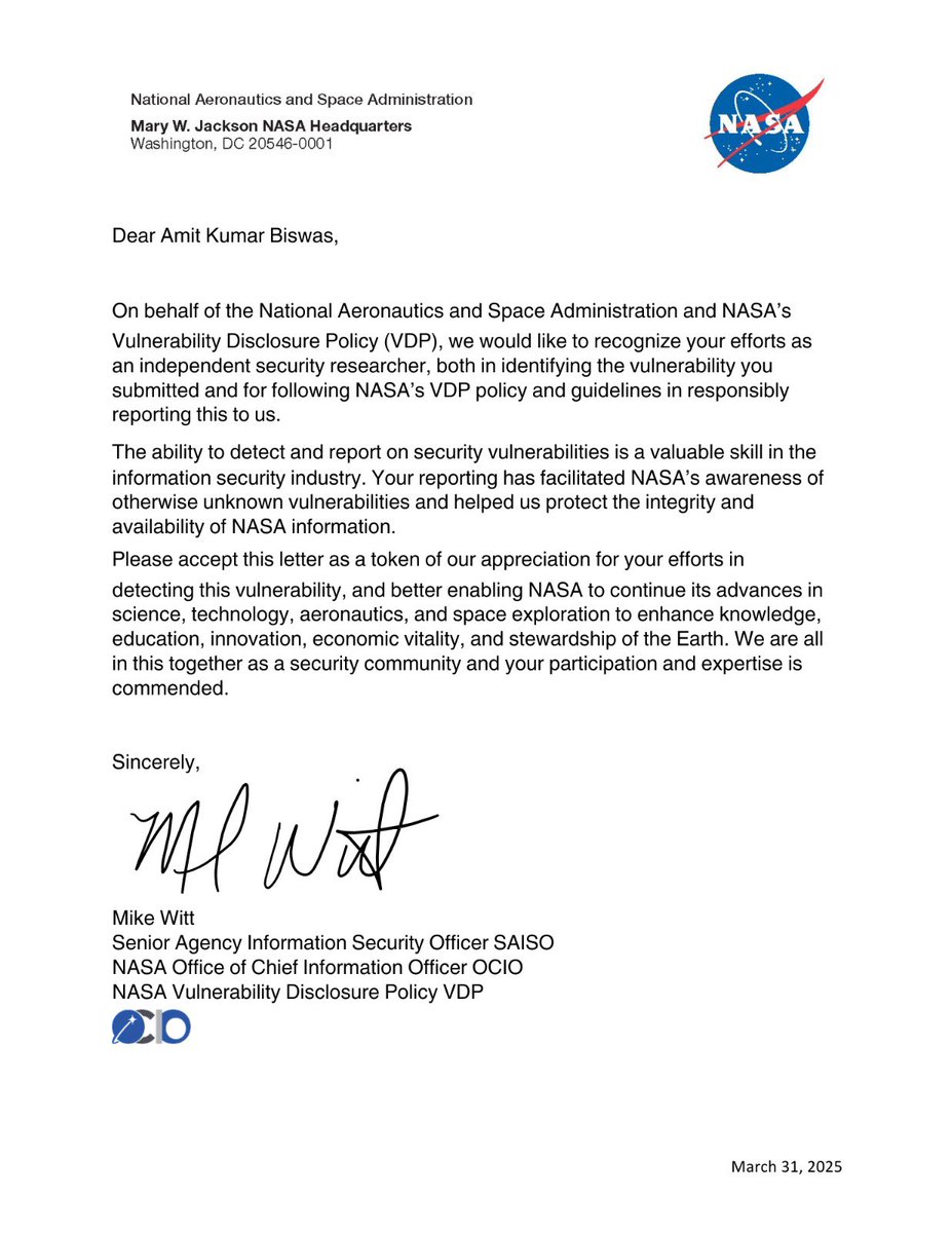 Amit Kumar🇮🇳 (@amitlt2) on Twitter photo Proud to be recognized by NASA for my security research contributions! It's an honor to help safeguard critical systems and support the mission of space exploration. Grateful for this acknowledgment! 🚀🔒 #NASA #CyberSecurity #BugBounty #Bugcrowd #EthicalHacking Proud to be recognized by NASA for my security research contributions! It's an honor to help safeguard critical systems and support the mission of space exploration. Grateful for this acknowledgment! 🚀🔒 #NASA #CyberSecurity #BugBounty #Bugcrowd #EthicalHacking