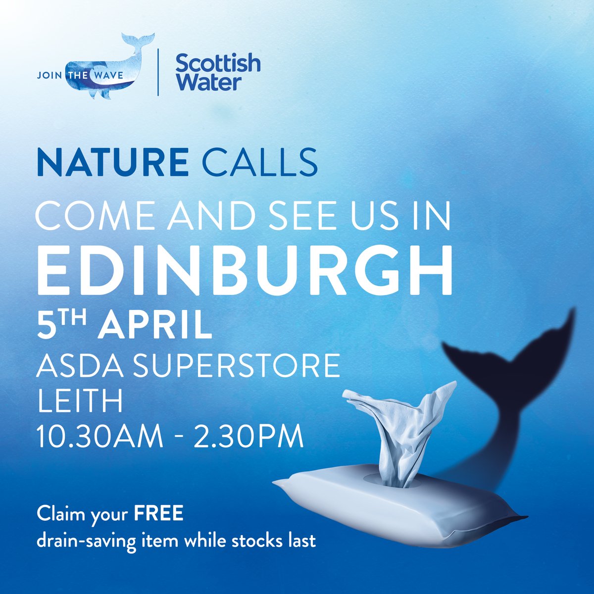 SWsoutheast's tweet image. Come &amp;amp; see us in #Edinburgh. We’ll be in Asda Superstore, Leith, 5 April, from 10.30am-2.30pm. Chat to our friendly team about our #NatureCalls campaign - pick up a free gunk pot, bathroom bin or reusable wipes pack (while stocks last)! 

Visit: yourwateryourlife.co.uk/events