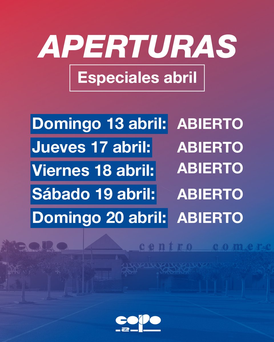 Este abril,Copose llena de aperturas especiales… y de muchas excusas para que te pases a visitarnos. 😏 
¡te esperamos! 🎉

#tannuestro #copo #parquecomercialcopo #almerimar #elejido #ocio #compras #restauración #abierto #estiloponiente
