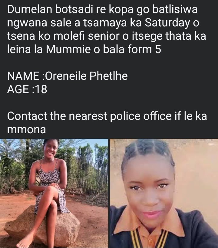 lok_styles's tweet image. Re kopa go batlisiwa ngwana,o dule mo lapeng ka Saturday a romilwe ko Gaborone,she never made it leko lapeng gaaka a bowa. O dule a apere mosese o black le sepoti se se red.TIA