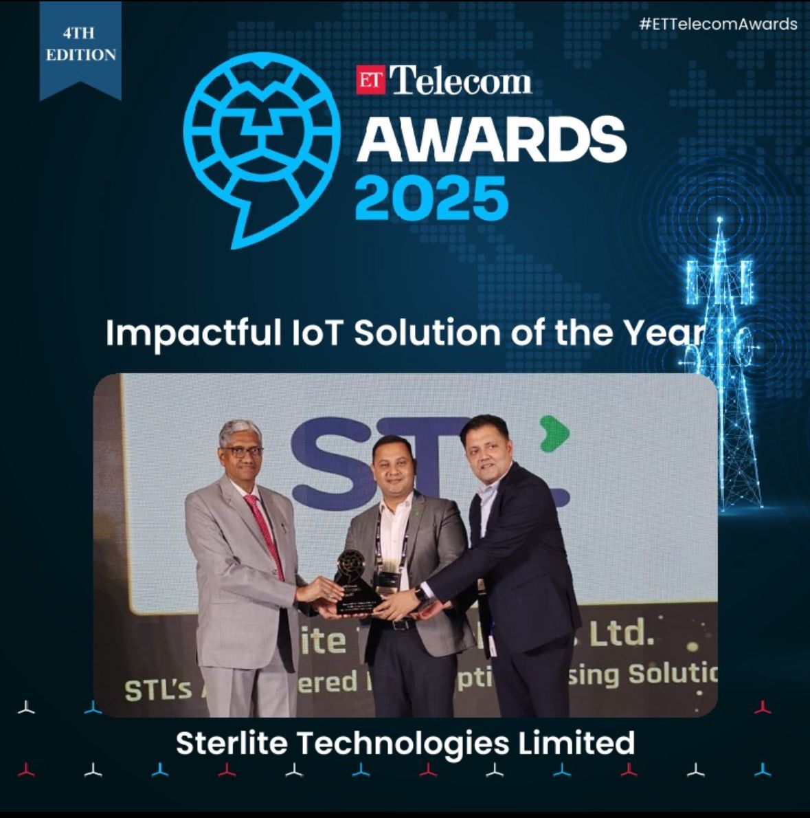 STL_Tech's tweet photo. 𝗦𝗧𝗟 𝗪𝗶𝗻𝘀 𝗕𝗶𝗴 𝗮𝘁 𝗘𝗧𝗧𝗲𝗹𝗲𝗰𝗼𝗺 𝗔𝘄𝗮𝗿𝗱𝘀 𝟮𝟬𝟮𝟱! 🥇
We are excited to announce that STL’s AI-Powered Fibre Optic Sensing (FOS) solution – Sensron has been honoured as the “Most Impactful IoT Solution of the Year” at the 4th Edition of the #ETTelecom https://t.co/J4wQpR8opw