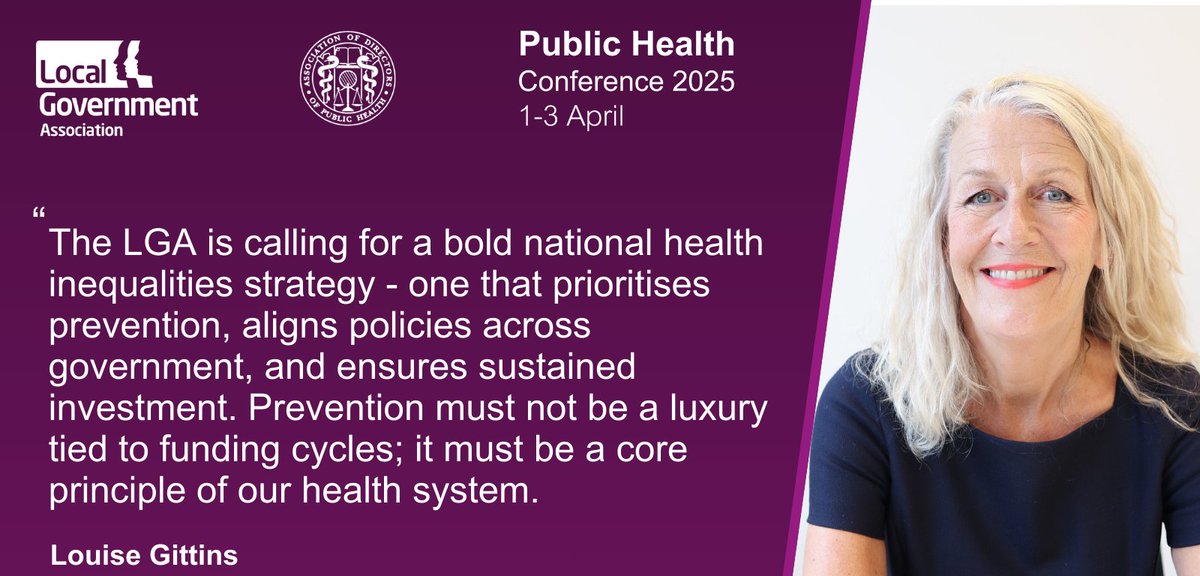 Local Government Association (LGA) (@lgacomms) on Twitter photo Cllr <a href="/weezegee/">louise gittins 🌹🌹🌹</a>, Chair of LGA, opens the conference by emphasising the critical role of local government plays in solving public health challenges.
The LGA Annual Public Health Conference 2025 begins today, focusing on tackling health inequalities from birth and beyond. Cllr <a href="/weezegee/">louise gittins 🌹🌹🌹</a>, Chair of LGA, opens the conference by emphasising the critical role of local government plays in solving public health challenges.
The LGA Annual Public Health Conference 2025 begins today, focusing on tackling health inequalities from birth and beyond.