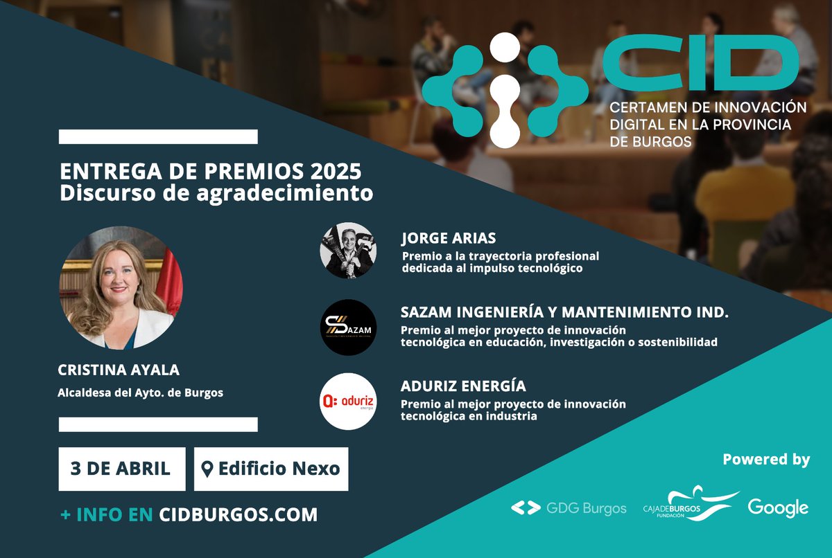MorcillaConf's tweet image. ¡Anunciamos los galardones de #CIDBurgos2025! 🏆

🏅 Trayectoria en impulso tecnológico – Jorge Arias (Geotelecom)
🏅 Innovación en educación, investigación o sostenibilidad – Sazam
🏅 Innovación en industria – Aduriz Energía

¡Nos vemos el jueves en el edificio Nexo! 🎉