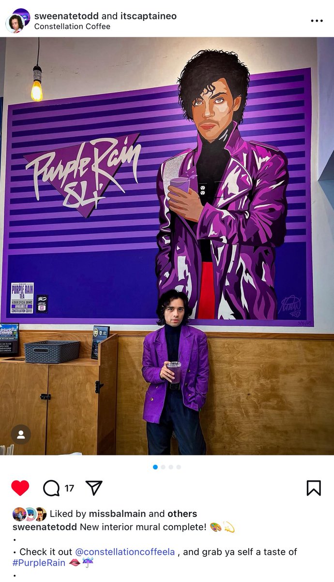 My friend Nate gets commissioned to paint murals and his work is awesome! Here’s his latest - at Constellation Coffee in Silver Lake, LA 💜 #Prince 

(That pic is 1999 era but we’ll let it slide 😜)