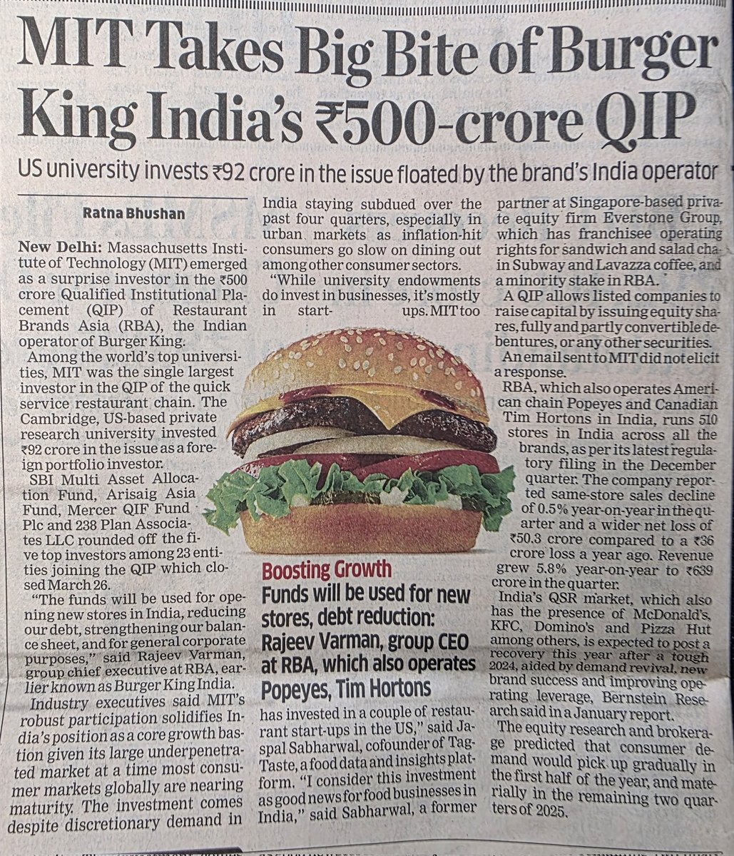 RatInvestor's tweet photo. Restaurant Brand Asia #RBA raises 500cr via QIP to reduce debt and expand store count.
1. Stock price has been constantly on the down hill since IPO in 2020. Has fallen from 160 to 65 now in 5 years.
2. In these 5 years Burger King has constantly diluted equity to reduce debt by raising 1400cr first and 500cr now. Additionally promoters also dumped there stake and reduced holding by 27%
3. Indonesia business acquisiton when India business was itself capex heavy also changed market sentiment. 
4. On the brand front Burger King has been doing fine and revenue growth has been as per industry standards. Margins for India business have been on the uphill but Indonesia has been loss making.

It's a counter I'll track as valuations are attractive. If market sentiment changes on this one due to consumption growth in H2 it could be good place to be in.