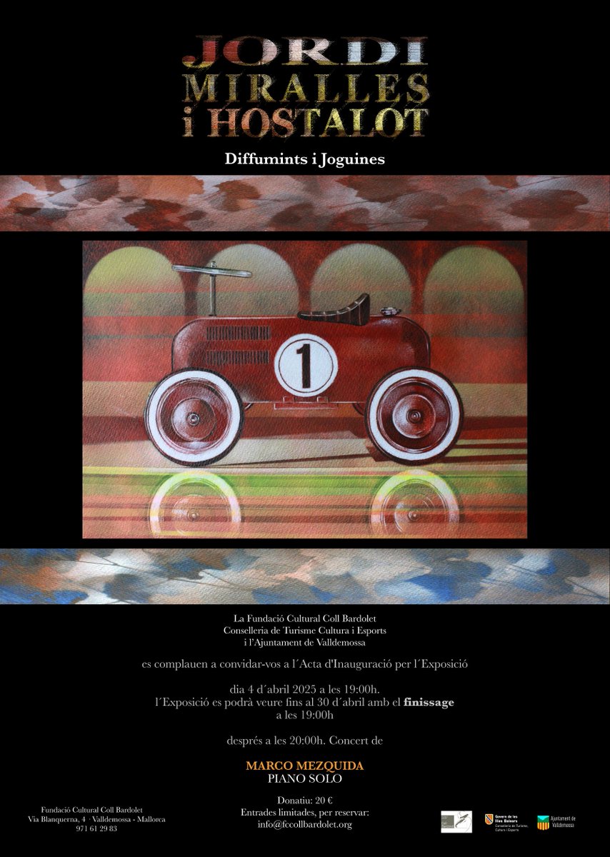 📢 El pròxim 4 d'abril a les 19.00h inaugurem l'exposició "Diffumints i Joguines" de Jordi Miralles. Aquesta es podrà visitar fins al 30 d'abril de 2025, dia que tindrà lloc el finissage a les 19.00h, i que conclourà amb el concert de Marco Mezquida a les 20.00h. Vos hi esperem!