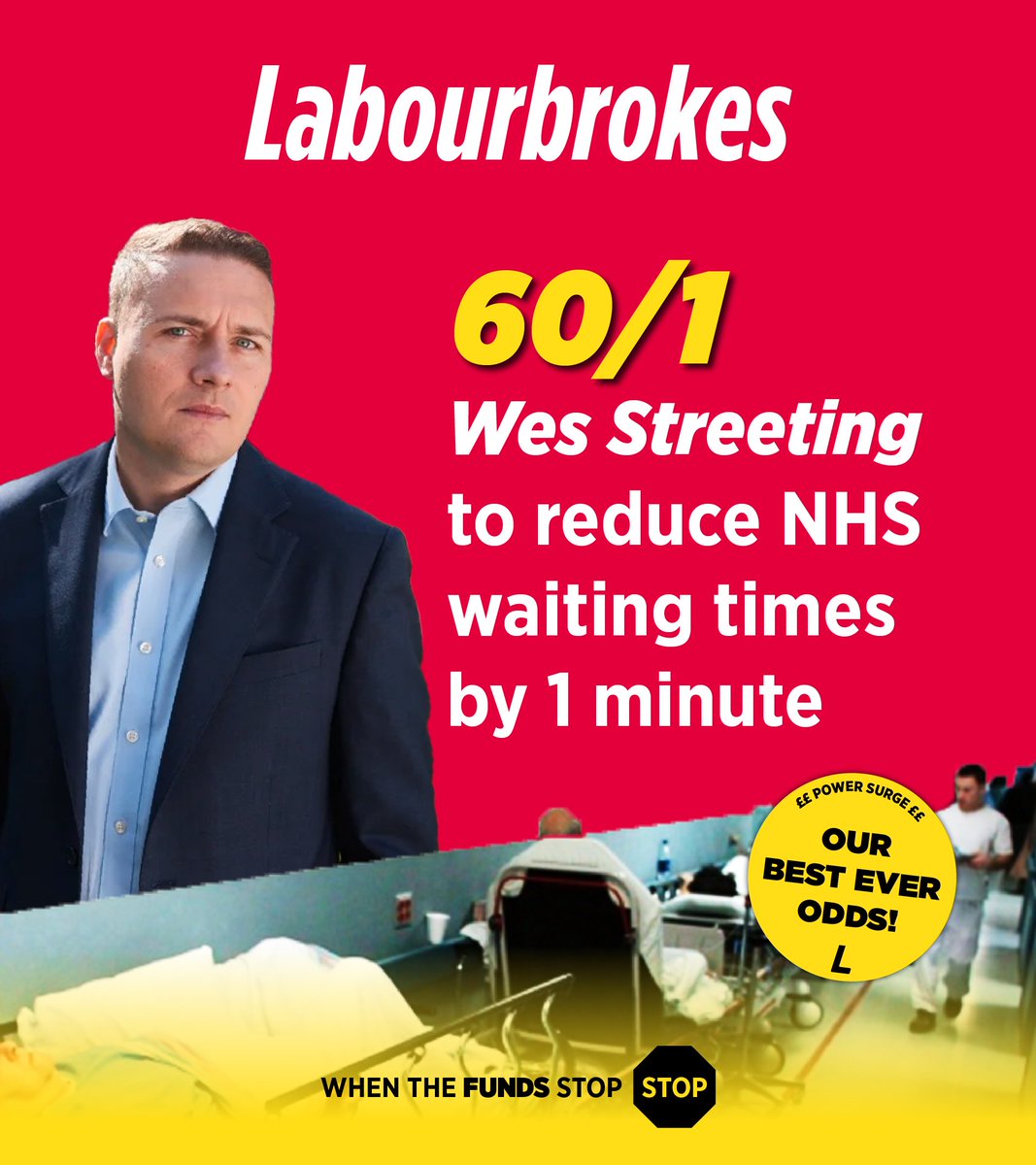 🚨 Can Labour save our NHS?

60/1 odds on Health Secretary <a href="/wesstreeting/">Wes Streeting</a> to reduce NHS waiting times by ONE WHOLE MINUTE ⏱️🧑‍⚕️