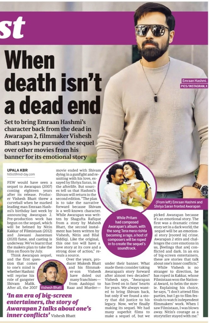 Upala KBR ❤ (@upalakbr999) on Twitter photo As <a href="/emraanhashmi/">Emraan Hashmi</a> 's #Awarapan2 gets ready to roll mid year, filmmaker <a href="/VisheshB7/">Vishesh Bhatt</a> says he pursued the sequel over other movies from his banner <a href="/VisheshFilms/">Vishesh Films</a> for its core emotional story.
One of the most anticipated sequels today!
Exclusive in <a href="/mid_day/">Mid Day</a> today! As <a href="/emraanhashmi/">Emraan Hashmi</a> 's #Awarapan2 gets ready to roll mid year, filmmaker <a href="/VisheshB7/">Vishesh Bhatt</a> says he pursued the sequel over other movies from his banner <a href="/VisheshFilms/">Vishesh Films</a> for its core emotional story.
One of the most anticipated sequels today!
Exclusive in <a href="/mid_day/">Mid Day</a> today!