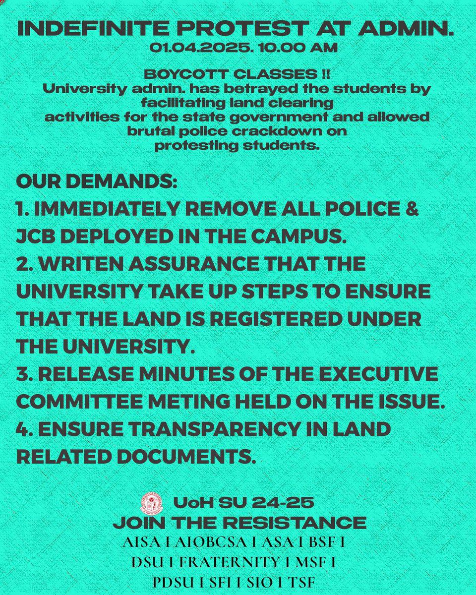 NewsMeter_In's tweet photo. #Hyderabad: Students of Hyderabad Central University have called for an indefinite protest, boycott of classes. They Demand the govt to remove the JCBs and come out transparent on the ownership of the land. 
#SaveHCUBioDiversity https://t.co/69oXl89DEm