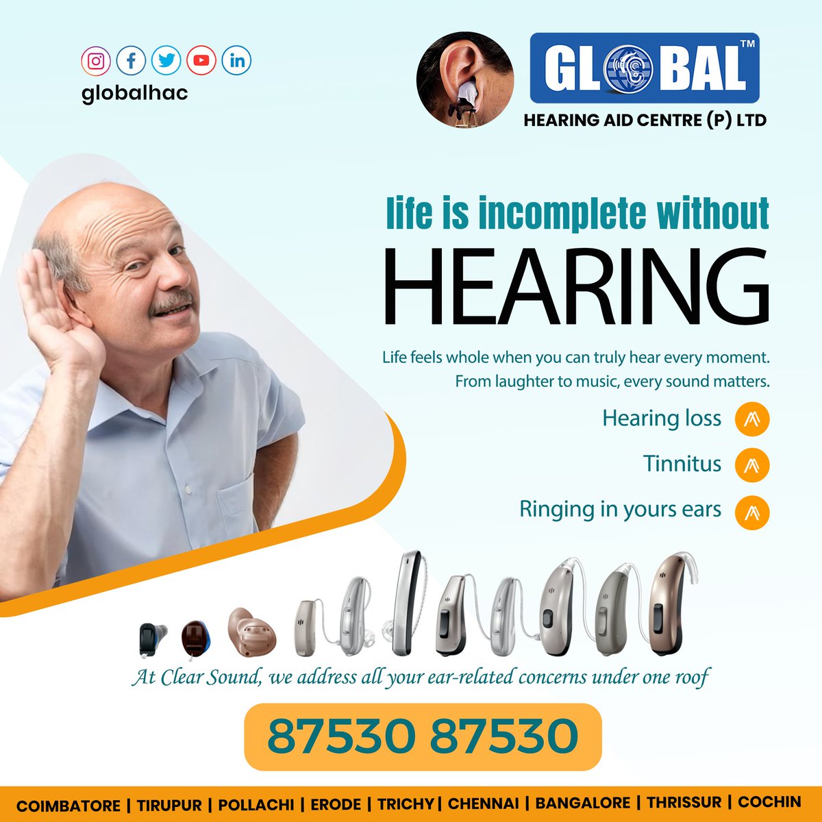 globalhac's tweet image. Life is incomplete without hearing the music of the world — every note, every whisper, every story.

Keep your hearing strong—book a checkup and stay ahead!
Contact : 87530 87530

#LifeInMusic #SoundsOfLife #CompleteWithSound #HearingIsLiving #MusicIsLife #Soundscapes