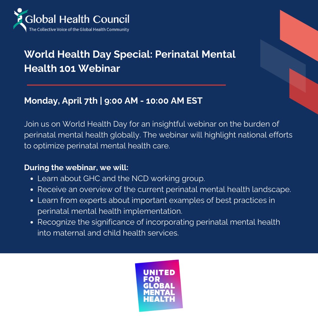 United for Global Mental Health (@unitedgmh) on Twitter photo 1 in 5 mothers experience mental health conditions during pregnancy/postpartum. Yet support remains scarce globally.
Join our webinar together with the <a href="/GlobalHealthOrg/">Global Health Council (GHC)</a> on April 7: us06web.zoom.us/webinar/regist… 1 in 5 mothers experience mental health conditions during pregnancy/postpartum. Yet support remains scarce globally.
Join our webinar together with the <a href="/GlobalHealthOrg/">Global Health Council (GHC)</a> on April 7: us06web.zoom.us/webinar/regist…