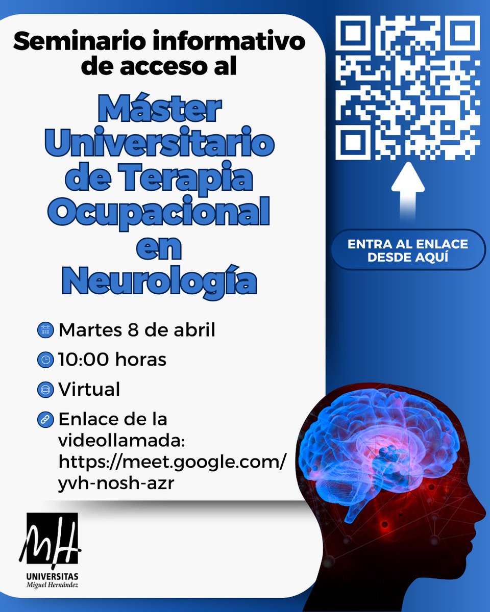 MNeuroTOUMH's tweet photo. El próximo martes 8 de abril, a las 10 horas, tendrá lugar un Seminario informativo de acceso al Máster Universitario en Terapia Ocupacional en #Neurología. ¡Os esperamos! https://t.co/ErEhigfWZT https://t.co/6DWdwDONeb