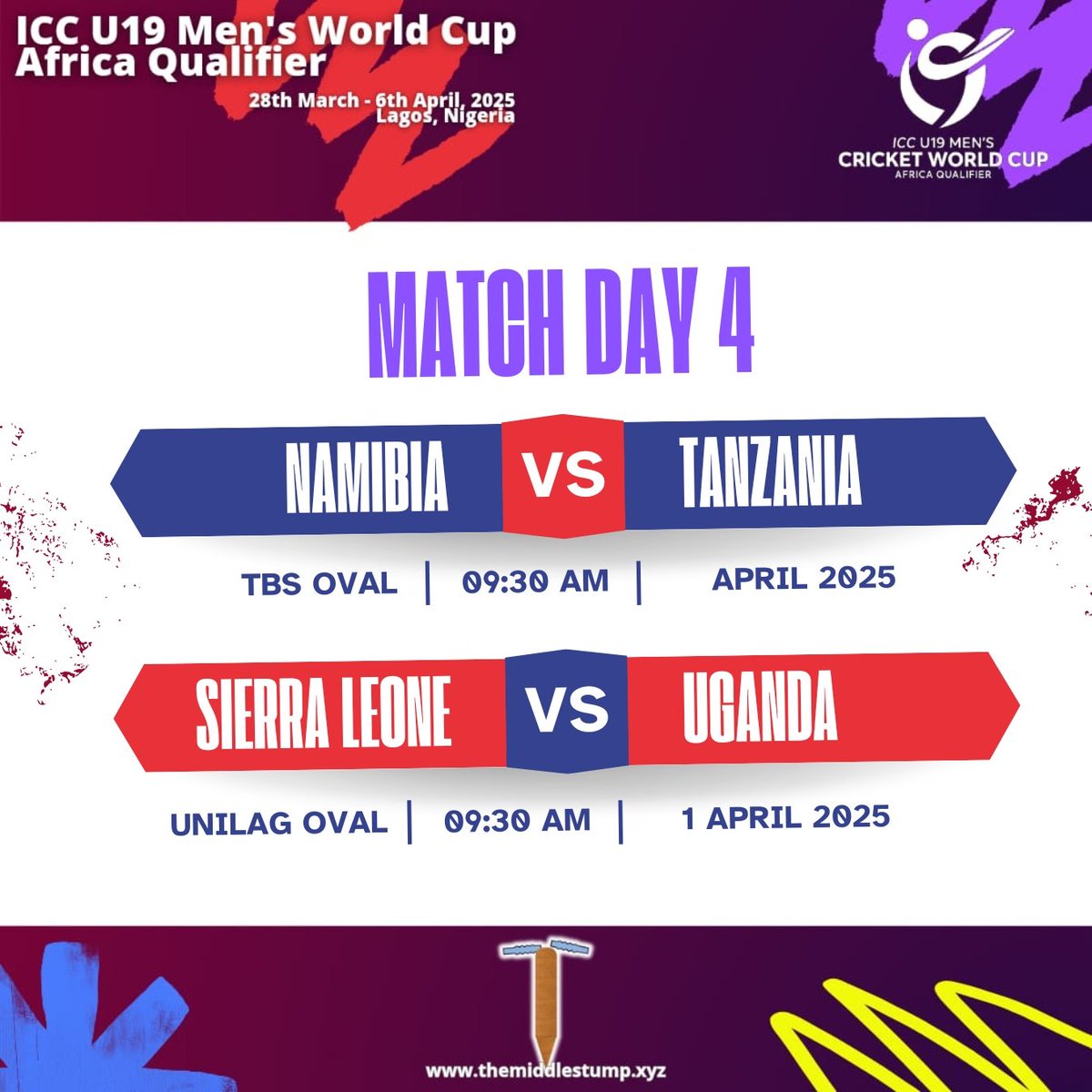 Play resumes at the ICC U19 Men's Afric Qualifier after a rest day,  

Namibia face of Tanzania, both teams with 2 wins from 2 games aim to top the leader board, at the Unilag Venue Namibia also with 2 wins will take on Sierra Leone 4th on the log with no win yet.