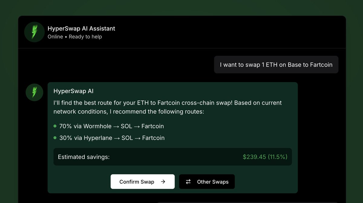 HyperswapAI's tweet image. Our AI Agent is going live soon!

- Get real-time rates
- Find the best swap routes
- Get AI-powered transfer suggestions
- Avoid hidden fees &amp;amp; optimize your swaps
- Swap directly from and to 500+ tokens on 30+ blockshains.

Save on gas, save on slippage! 
#HyperSwapAI #autoswap