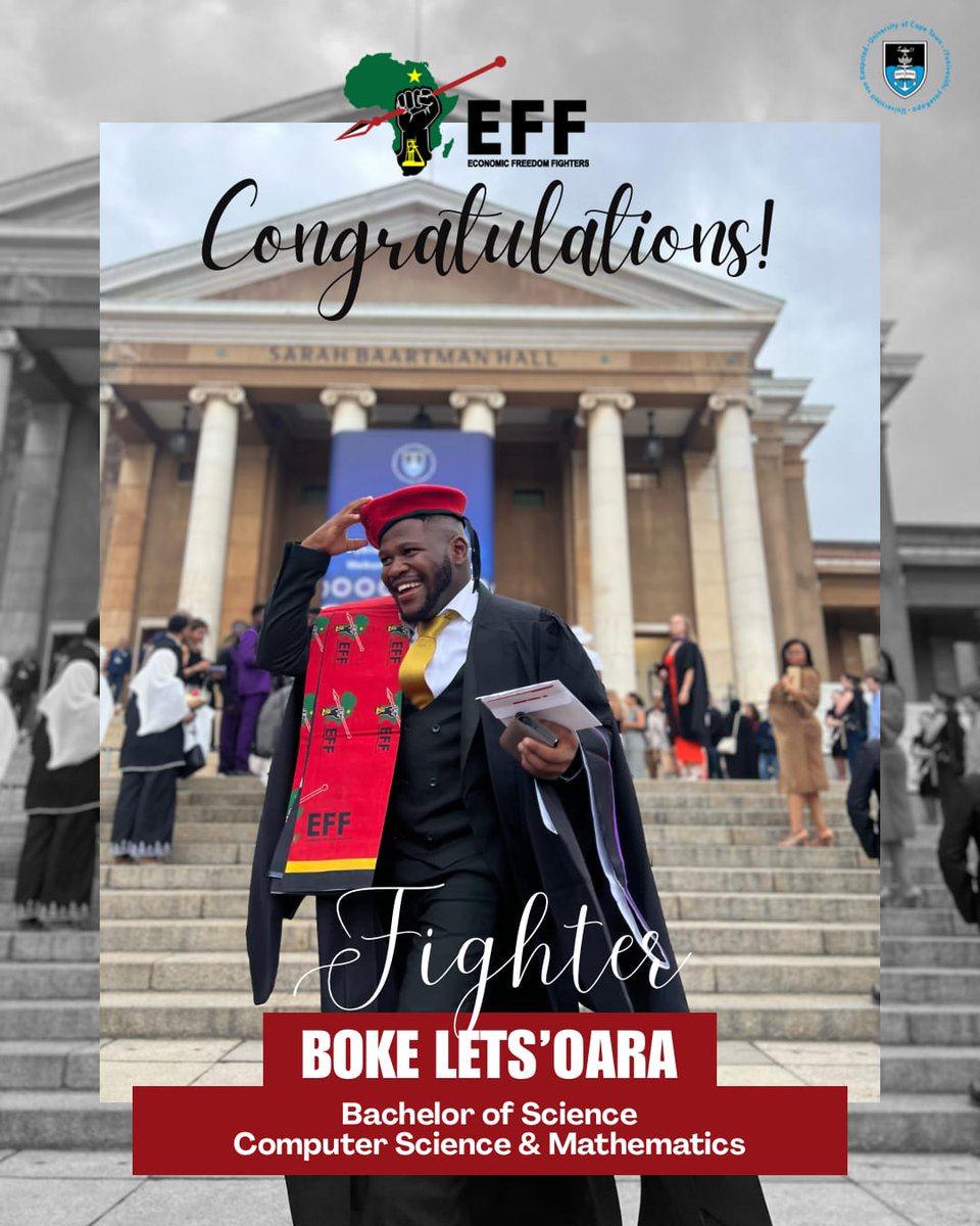 EFFYC_UCT's tweet photo. Congratulations to former UCT EFFSC Stakeholders Relations Officer, Fighter Boke Lets'oara on graduating with a Bachelor of Science in Computer Science and Mathematics!
Re etele pele, Motaung! ππ½β€οΈππ€
#FightersMustGraduate
#UCTGrad2025 https://t.co/PaXC18vzCK