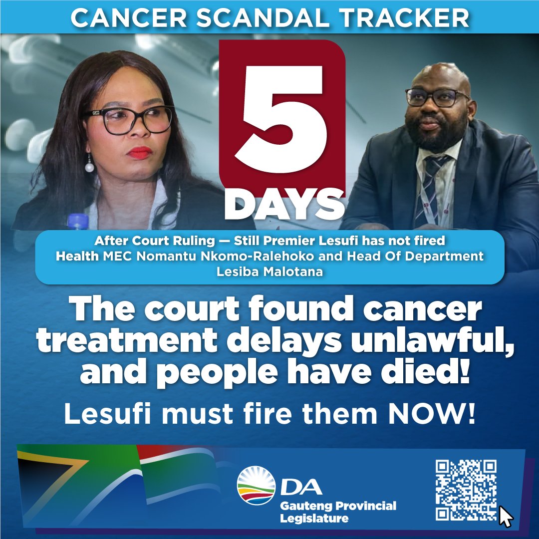 Day 5 | Still No Action from Premier Lesufi
The Gauteng High Court ruled that the cancer treatment delays are unlawful and unconstitutional.
Premier Panyaza Lesufi still hasn’t fired Health MEC and HOD. <a href="/JackBloomDA/">Jack Bloom</a>
#DA_GPL #CancerScandalTracker

Read: open.substack.com/pub/dagpl/p/da…