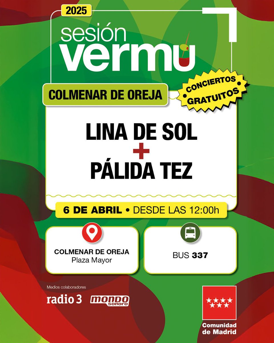 🎶🍷 Música, aperitivo, y vinos de <a href="/VinosdeMadridDO/">Vinos de Madrid CRDO</a>  se encuentran en Colmenar de Oreja (<a href="/ColmeOrejaTuris/">TurismoColmenarOreja</a>)  en 'Sesión vermú'.

No te pierdas este PLA-NA-ZO el próximo 6 de abril 👇

📍 Plaza Mayor – Desde las 12:00 h
🎤 Lina de Sol + Pálida Tez
🎟️ Conciertos gratuitos
