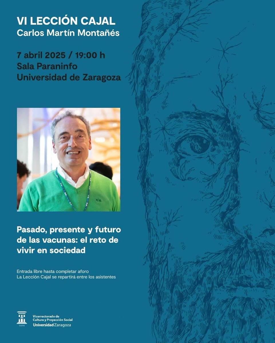 ARAID (@araid_es) on Twitter photo El próximo lunes tendrá lugar la 6⃣ª Lección #Cajal 'Pasado, presente y futuro de las vacunas: el reto de vivir en sociedad' impartida✖️Carlos Martín Montañés <a href="/CarlosMTBVAC/">Carlos Martin</a> 💉🦠
📆07.03
⏰19h
🌏Paraninfo
Info ➡️cultura.unizar.es/actividades/vi… El próximo lunes tendrá lugar la 6⃣ª Lección #Cajal 'Pasado, presente y futuro de las vacunas: el reto de vivir en sociedad' impartida✖️Carlos Martín Montañés <a href="/CarlosMTBVAC/">Carlos Martin</a> 💉🦠
📆07.03
⏰19h
🌏Paraninfo
Info ➡️cultura.unizar.es/actividades/vi…