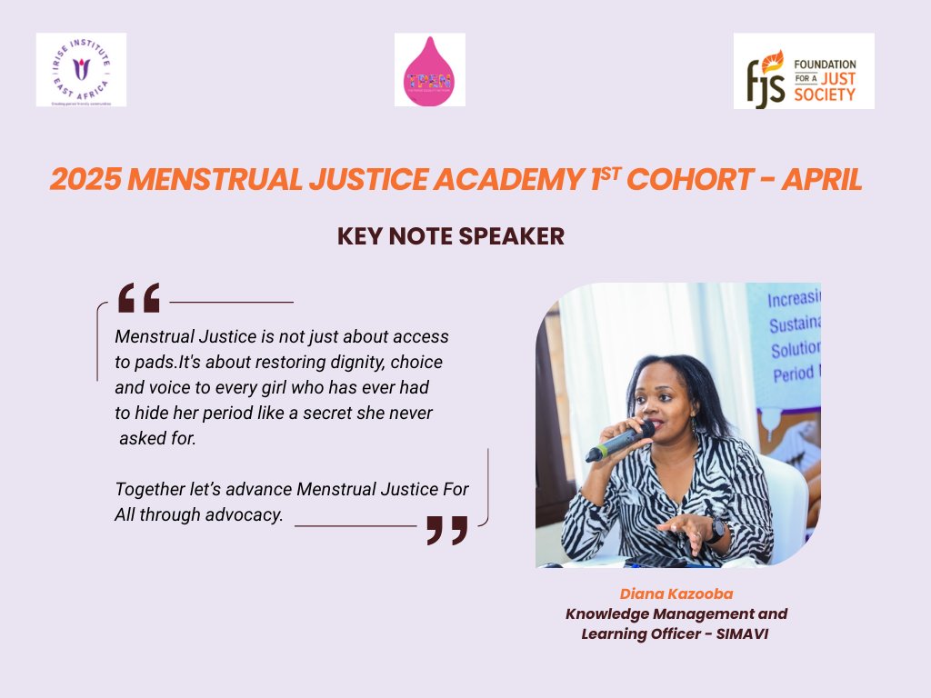 IriseEastAfrica's tweet photo. Our Guest Speaker, @KazoobaD, emphasized that menstrual justice goes beyond pads; it's about restoring dignity, amplifying women's and girls' voices, and pushing for policies that drive real change. 💜 
#MenstrualJusticeForAll
#MJA2025 https://t.co/lJrINSGnvv