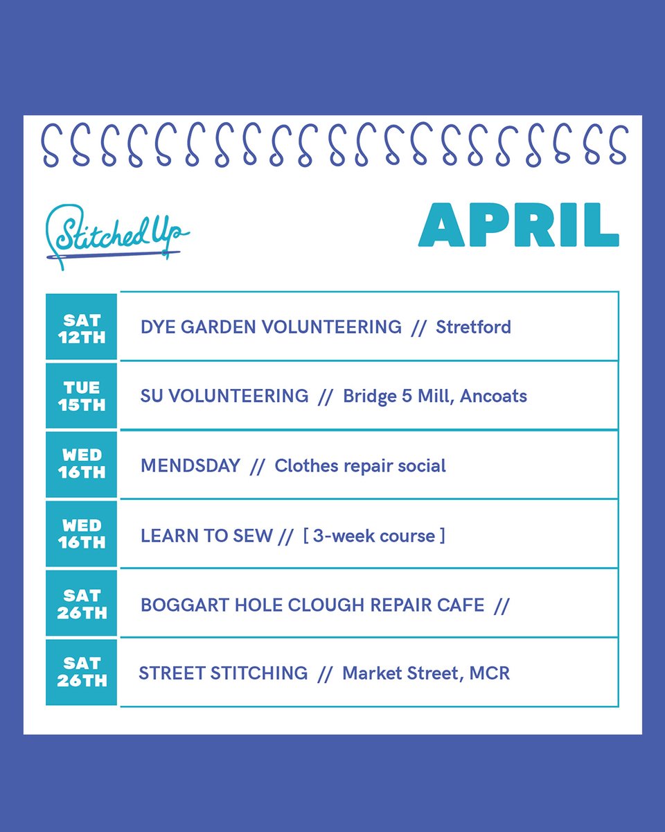 WHAT'S ON // Well hi April!🌷🌼🪻
Here's what we have for you this month.
For volunteering, message us for more info + upcoming dates.
Workshops on the website - you know how to book!
stitchedup.coop/whats-on/