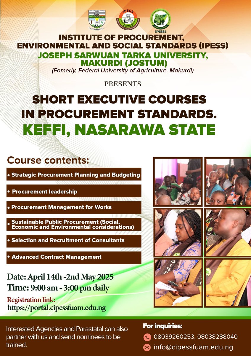 ipess_fuam's tweet photo. HUMAN CAPACITY BUILDING: IPESS JOSTUM SET TO STORM LAFIA, KEFFI AND JOS. 

Interested Agencies and Parastatals can also partner  with the Institute for the training of their staff at no cost.

Email: Info@cipessfuam.edu.ng
Call: 08039260253 or 08038288040

See flyers👇 https://t.co/JOP5lydffq