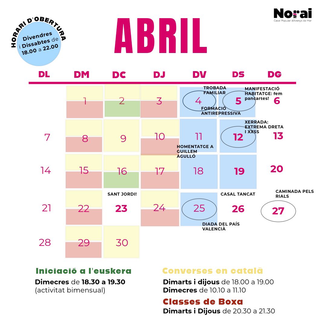 📆 🚩ABRIL ROIG

📌 L’abril és un mes de lluita, record i país ➡️ manifestació pel dret a l’habitatge, homenatge a Guillem Agulló, Sant Jordi i la Diada del País Valencià. 

Des del Casal no volíem perdre l’oportunitat d’oferir-vos una activitat per dia! No us les perdeu!✨🔥