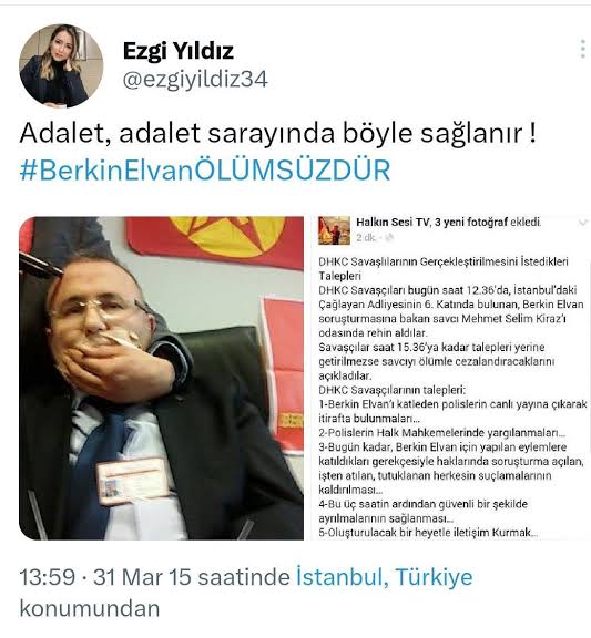 İBB Çalışanı ve Saraçhane otobüsünde yer alan Ezgi Yıldız'ın Şehit Savcı Mehmet Selim Kiraz hakkında attığı alçak tweet.