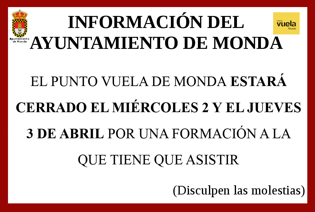 Punto Vuela Monda (@puntovuelamonda) on Twitter photo Vuestro <a href="/PuntoVuelaMonda/">Punto Vuela Monda</a> permanecerá cerrado los días 2 y 3 de abril por la asistencia a un Congreso de Ciberseguridad en el Palacio de Ferias y Congresos de Málaga.
El viernes 4 de abril volvemos en el horario habitual.
Con <a href="/Ayto_de_Monda/">Ayuntamiento Monda</a> <a href="/PuntosVuela/">Puntos Vuela</a> <a href="/Manuel_DT/">Manuel Rodríguez</a> Vuestro <a href="/PuntoVuelaMonda/">Punto Vuela Monda</a> permanecerá cerrado los días 2 y 3 de abril por la asistencia a un Congreso de Ciberseguridad en el Palacio de Ferias y Congresos de Málaga.
El viernes 4 de abril volvemos en el horario habitual.
Con <a href="/Ayto_de_Monda/">Ayuntamiento Monda</a> <a href="/PuntosVuela/">Puntos Vuela</a> <a href="/Manuel_DT/">Manuel Rodríguez</a>