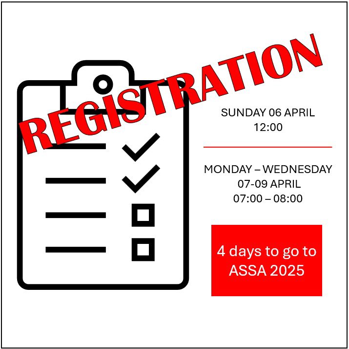 4 DAYS TO GO!! 🥳🎉✨ 
Registration for the 50th Annual ASSA Conference opens at 12:00 on the 6th of April 2025. Registration for the 7th until the 9th of April will open promptly at 7am. Looking forward to seeing you all there!! 
#ASSA2025 #AnatomyIntelligence #ASSA50years