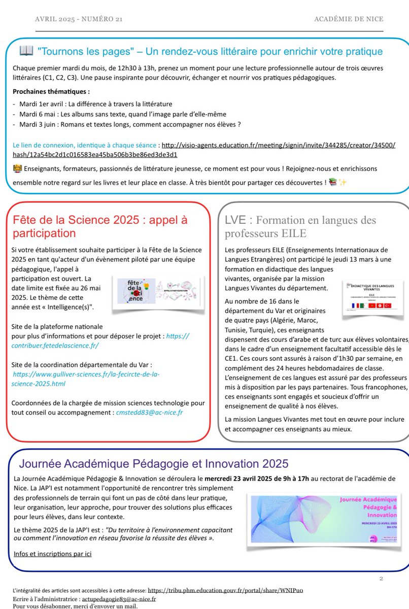 Laetitia UTZERI (@laetitiautzeri) on Twitter photo Le numéro d’Avril de l’Actu-Pédagogie 83 est paru !
▶️ Inscription pour la JAPI
▶️ “Tournons les Pages”
Et plus encore…
<a href="/AcademieNice/">Académie de Nice</a> <a href="/k_bekhira/">Kheïra BEKHIRA</a> Le numéro d’Avril de l’Actu-Pédagogie 83 est paru !
▶️ Inscription pour la JAPI
▶️ “Tournons les Pages”
Et plus encore…
<a href="/AcademieNice/">Académie de Nice</a> <a href="/k_bekhira/">Kheïra BEKHIRA</a>