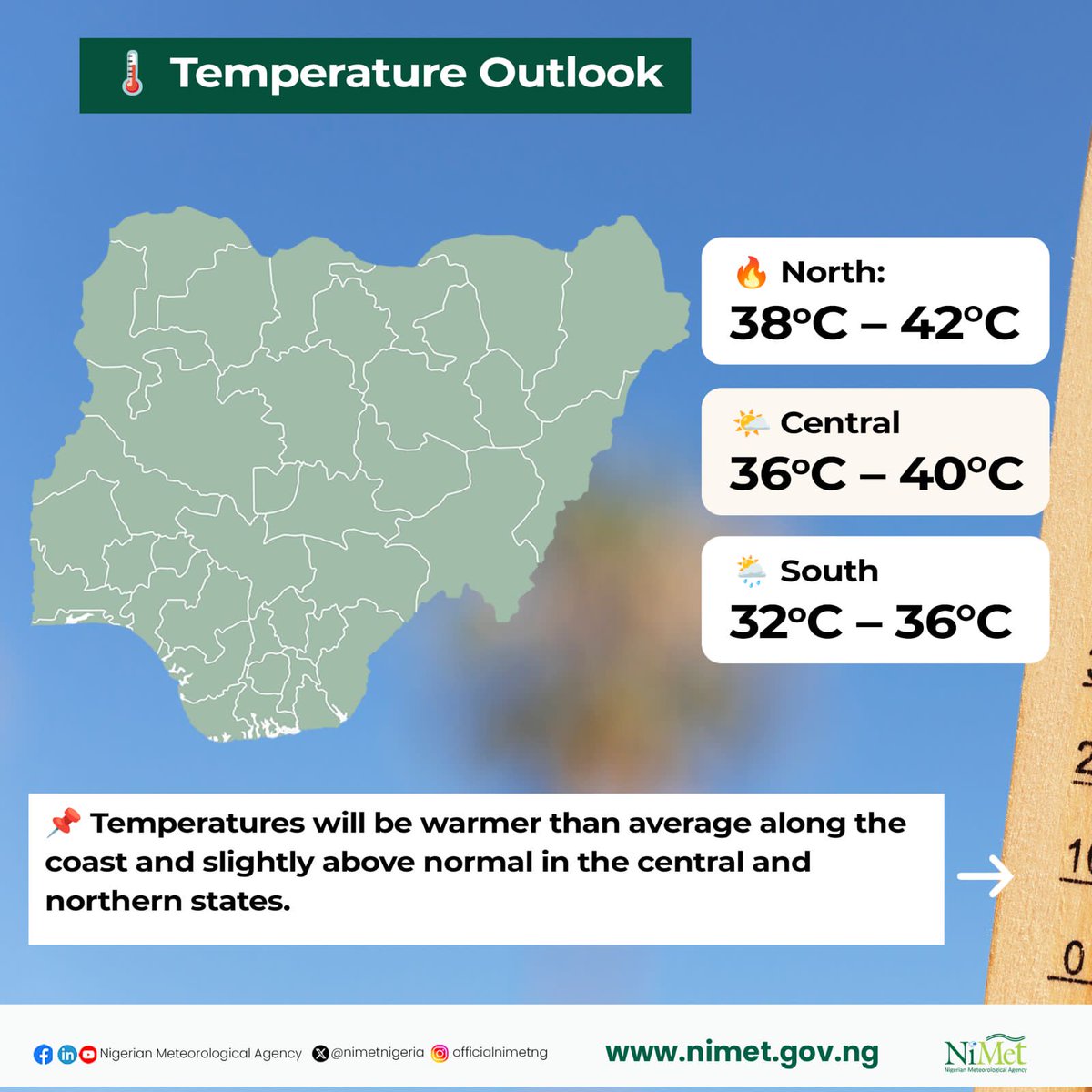 nimetnigeria's tweet photo. 🌡️🌧️ Weather Outlook for April 

Expect hot weather conditions across the country, with significant thermal discomfort affecting most states. The central and northern states are at higher risk of heat exhaustion & heatstroke, while the south will also experience heat stress.

🔹 🌡️ Temperature Outlook:
🔥 North: 38 – 42°C
🌤️ Central: 36 – 40°C
🌦️ South: 32 – 36°C

📌 Temperatures will be warmer than average along the coast and slightly above normal in the central and northern states.

🔹 🌧️ Rainfall Forecast:
🌊 300 – 400mm: Delta, Bayelsa, Rivers, Imo, Anambra, Cross River
🌧️ 200 – 300mm: Other southern states
☁️ 100 – 200mm: Central states
🔥 0 – 50mm: Northern states

📢 Key Warnings & Health Alerts 🚨
⚠️ Increased malaria risk in the south & parts of Kwara, Kogi, and Benue due to higher mosquito activity.
⚠️ Meningitis alert for the extreme north, with conditions favourable for outbreaks.
⚠️ Heat-related illnesses (heat exhaustion, heatstroke) are expected in central & northern regions.

✅ Stay Safe!
💧 Stay hydrated
🏡 Avoid prolonged sun exposure
🦟 Use mosquito nets & repellents
💊 Follow health & weather advisories

For real-time weather forecasts & alerts, visit 👉 https://t.co/PDIfmzNvkI or follow us on social media

#NigeriaWeather #HeatAlert #RainfallUpdate #ApriOutlook #StaySafe #StayCool #NiMetUpdates #RainySeason #ClimateUpdate