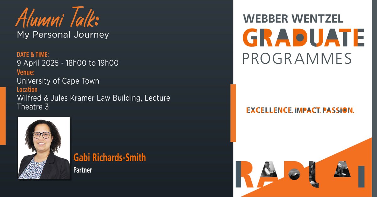 webberwentzel's tweet photo. Join Gabi Richards-Smith, a University of Cape Town alumna and Webber Wentzel partner, as she shares her personal journey with students at @UCT_news on 9 April 2025.
#WWCAProgramme https://t.co/OknTp4OfeI