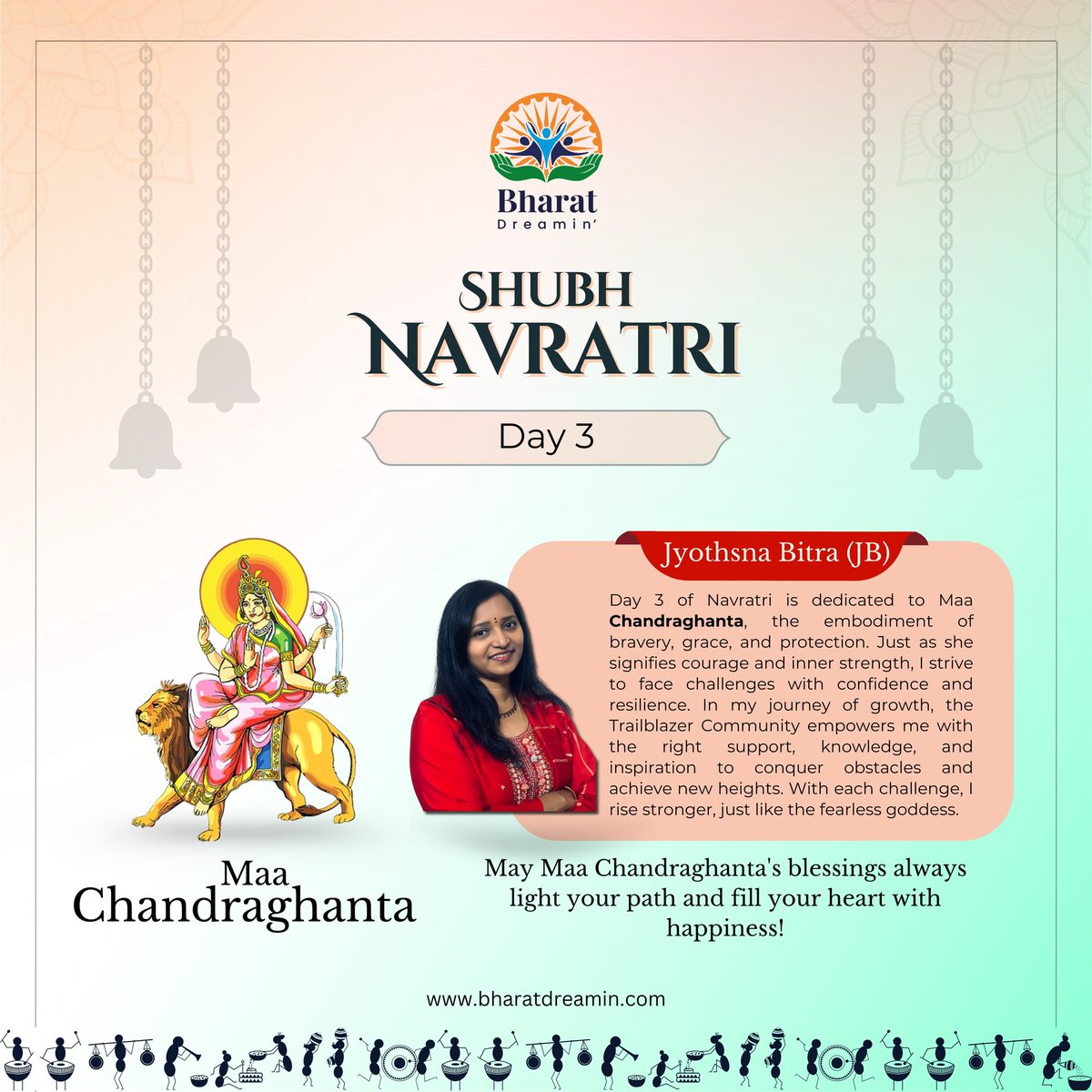 Bharat Dreamin (@bharatdreamin) on Twitter photo Shubh Navratri Day 3!
Honoring Maa Chandraghanta, the goddess of courage and strength. Just like her, <a href="/JyothsnaBitra/">Jyothsna Bitra (JB)</a> and the Trailblazer Community embrace challenges with resilience and support, rising stronger together. 🌟
#ShubhNavratri #TrailblazerCommunity #BharatDreamin Shubh Navratri Day 3!
Honoring Maa Chandraghanta, the goddess of courage and strength. Just like her, <a href="/JyothsnaBitra/">Jyothsna Bitra (JB)</a> and the Trailblazer Community embrace challenges with resilience and support, rising stronger together. 🌟
#ShubhNavratri #TrailblazerCommunity #BharatDreamin