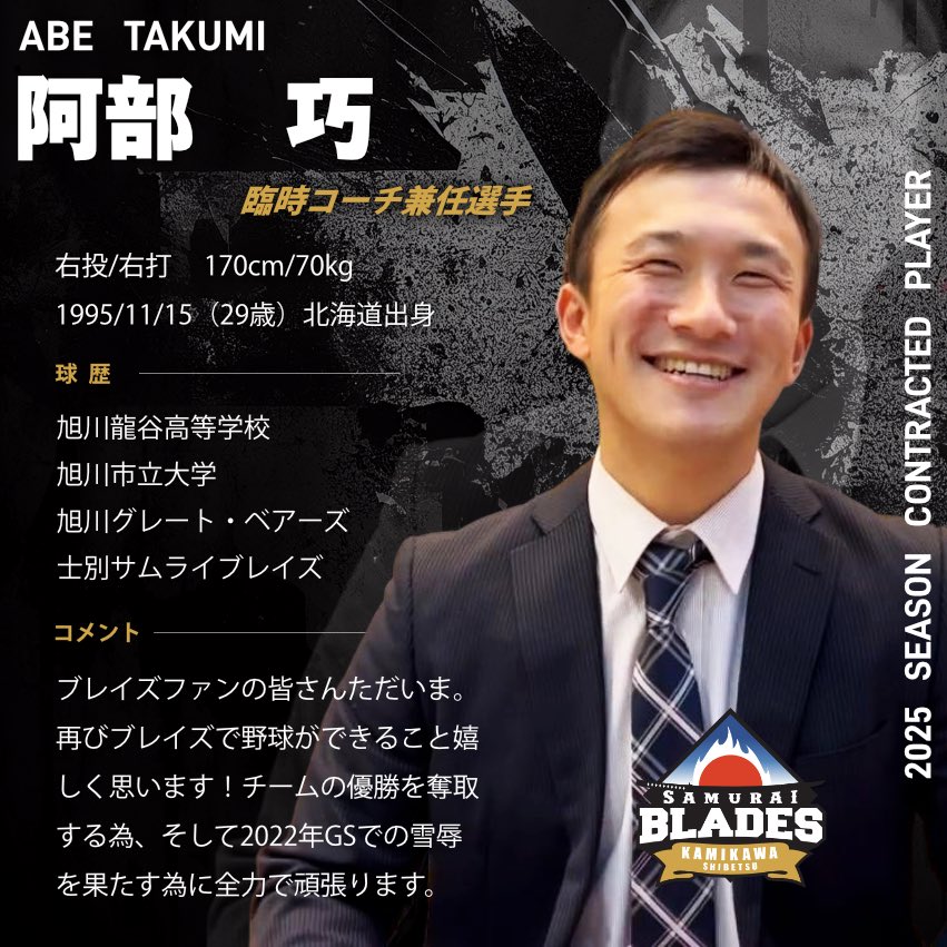 【新入団選手のお知らせ】

この度、#士別サムライブレイズ では #阿部巧 選手と臨時コーチ兼任選手契約を締結しましたのでお知らせいたします。

#北海道フロンティアリーグ
#独立リーグ