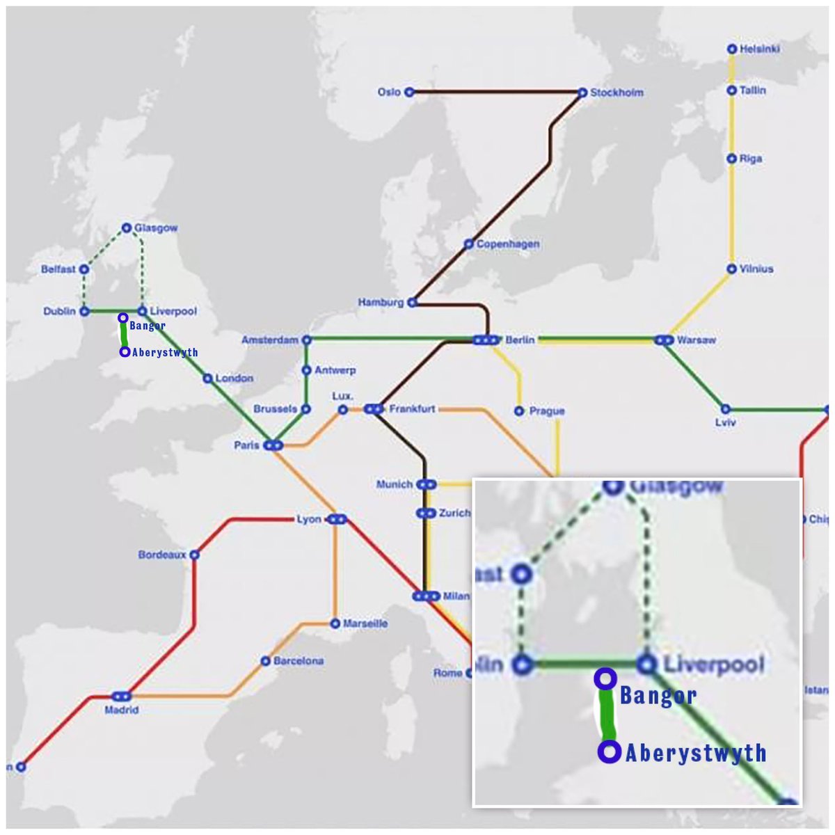 welshbollocks's tweet image. A new super fast pan European network is to be built. Completed by 2040 you will be able to travel between Bangor and Aberystwyth in 36 minutes. Transport for Wales will start the compulsory purchase of Porthmadog next week as it will be the location of a giant engine shed and…